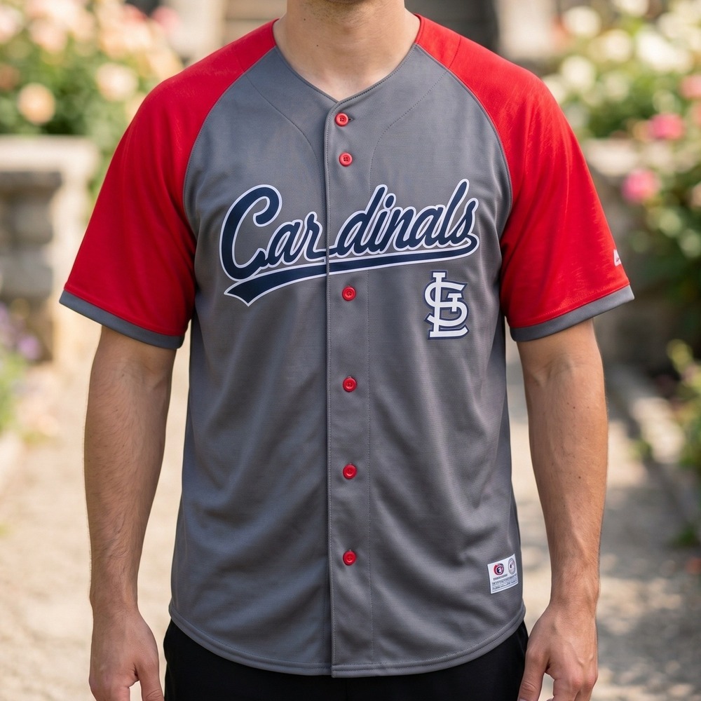 MLB St Louis Cardinals True Fan Jersey Grey Red Button Up Mens L 42-44